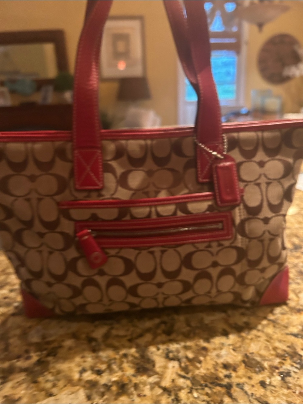 Coach Tan Signature Canvas Tote with Red Trim